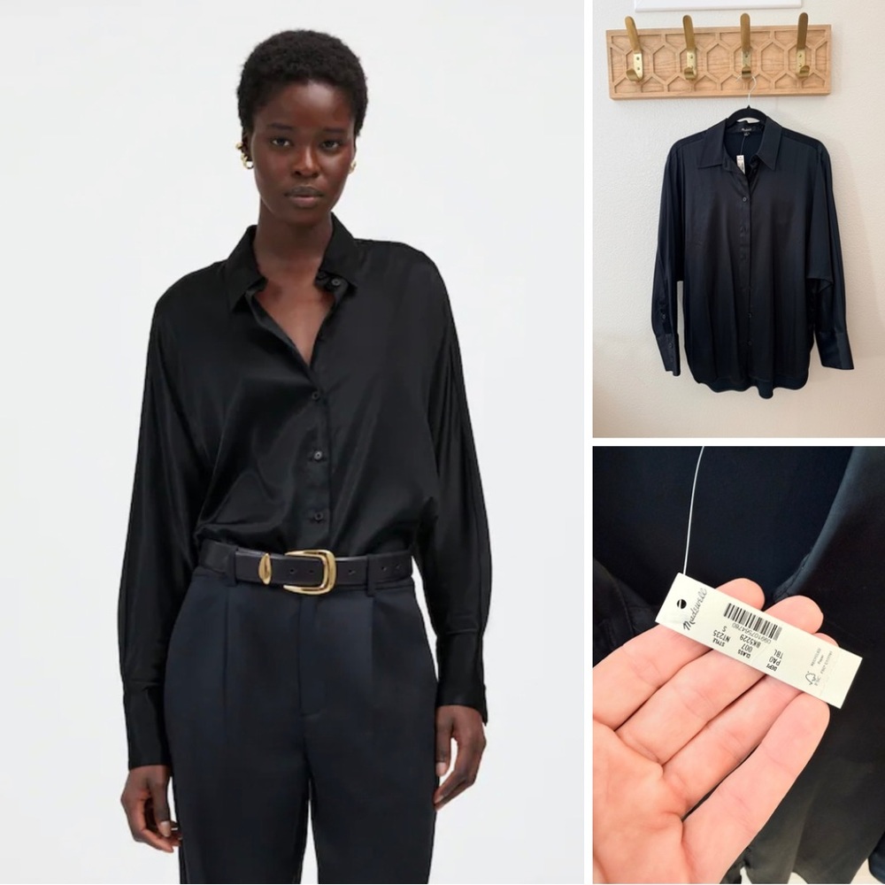 Madewell Relaxed Dolman Button-Up Shirt in Satin black flowy blouse size small